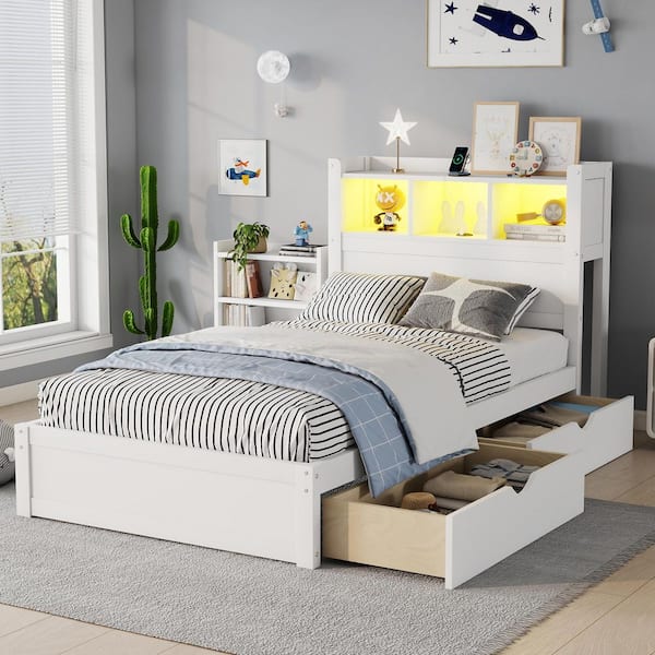 Winnie White Wood Frame Twin Size Platform Bed with Storage Headboard, Drawers, Pull Out Cabinet, LED Lighting