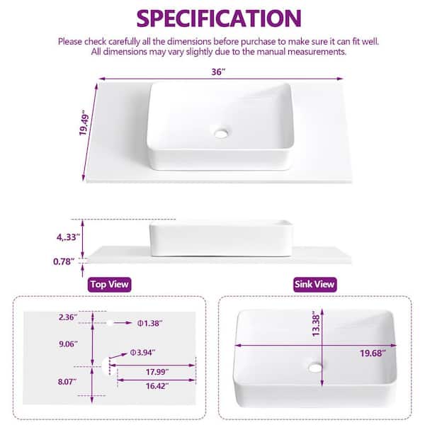 YASINU 36 in. W x 19.48 in. D Quartz Vanity Top with Rectangular
