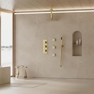 5-Spray 12 in. Ceiling Mount Fixed and Handheld Shower Head Head 2.5 GPM with 3-Jets in Brushed Gold(Valve Included)