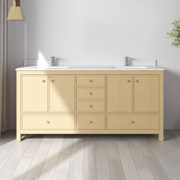 Origo 72 in. W x 22 in. D x 35 in. H Double Sink Freestanding Bath Vanity in Oak with Calacatta Cultured Marble Top