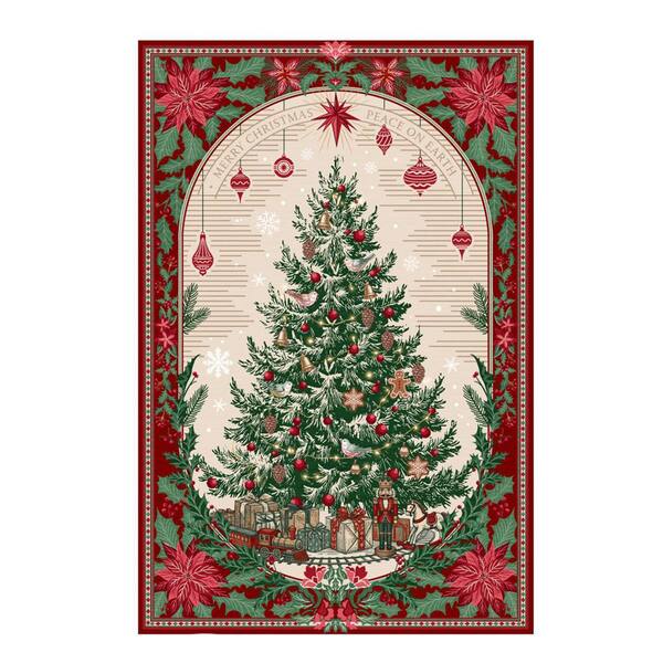 Red 10 x 13 ft. Vintage Christmas Tree Rug with Poinsettia Border Washable Non Slip Holiday Indoor Carpet