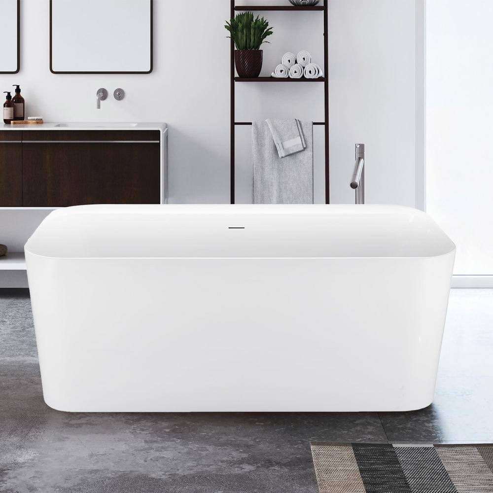 59 in. Acrylic Rectangular Flatbottom Freestanding Soaking Bathtub in Gloss
