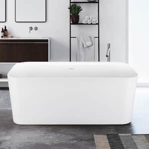 59 in. Acrylic Rectangular Flatbottom Freestanding Soaking Bathtub in Glossy White Overflow and Pop-Up Drain