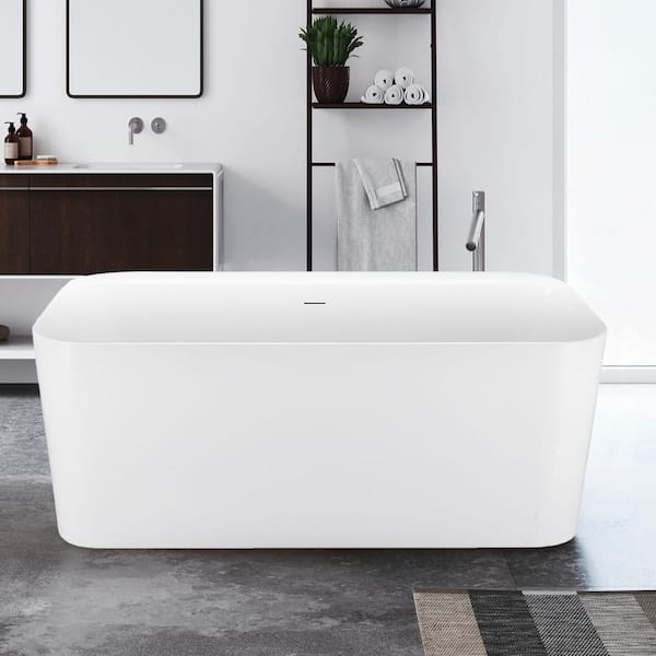 ANGELES HOME 59 in. Acrylic Rectangular Flatbottom Freestanding Soaking Bathtub in Glossy White Overflow and Pop-Up Drain