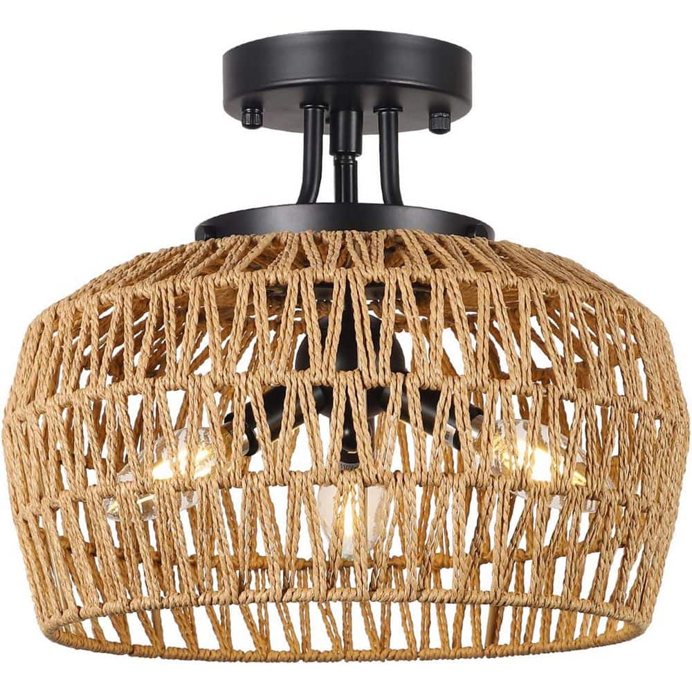 Boho 3 light Matte Black Open Woven Rattan Semi Flush Mount Round Chandelier for Bedroom Kitchen No Bulbs Included price history on PriceWatchPro