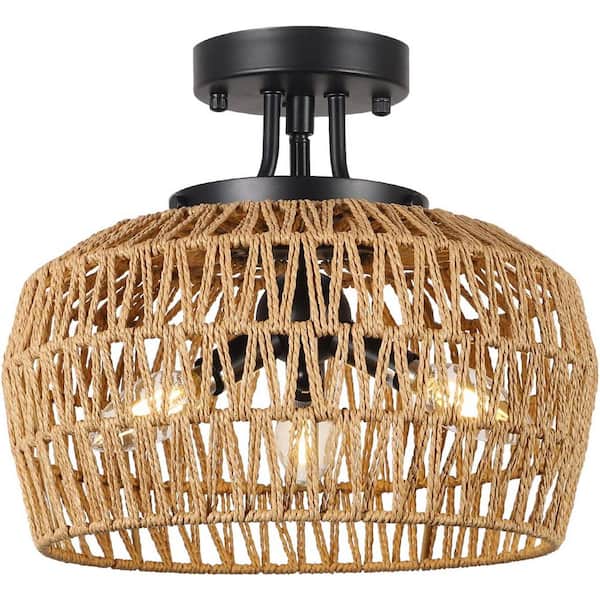 Boho 3 light Matte Black Open Woven Rattan Semi Flush Mount Round Chandelier for Bedroom Kitchen No Bulbs Included