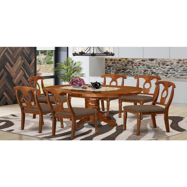 7-Piece Oval Saddle Brown Finish Solid Wood Top Dining Table with 6-Chairs with Lattice Back