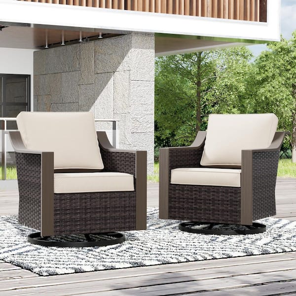 2-Piece Brown Wicker Outdoor Rocking Chair Patio Swivel Chair Set with Beige Cushion