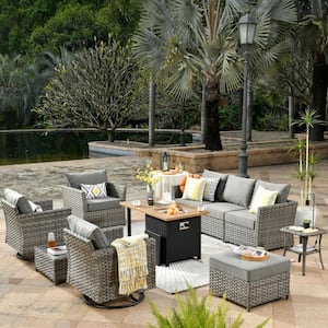 Eufaula Gray 10-Piece Wicker Outdoor Patio Conversation Sofa Set with a Storage Shelf Fire Pit and Gray Cushions