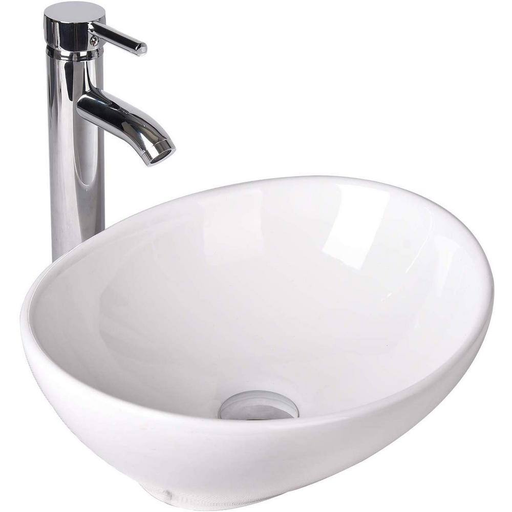 Puluomis White Ceramic Oval Bathroom Basin Vessel Sink with Faucet US