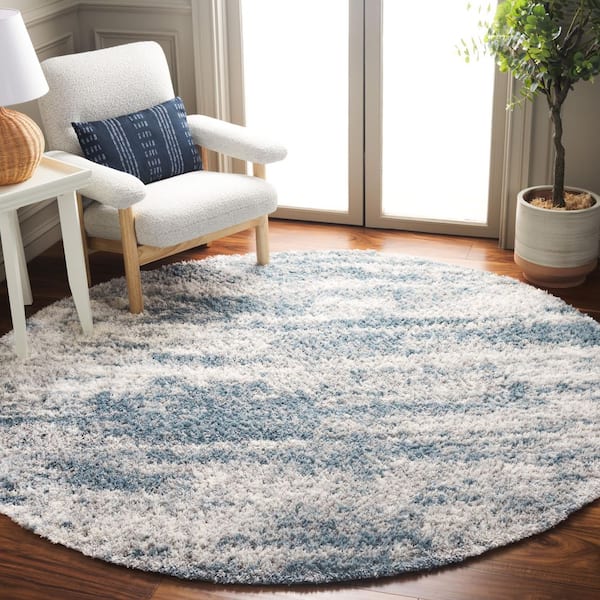 Berber Shag 7 ft. x 7 ft. Ivory/Blue Abstract Marle Round Area Rug