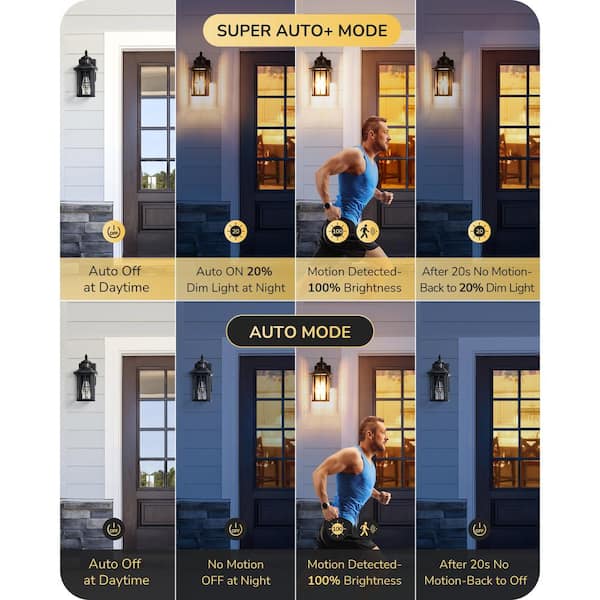 12.8 in. Black Motion Sensing Dusk to Dawn Outdoor Hardwired Wall Light Lantern Scone