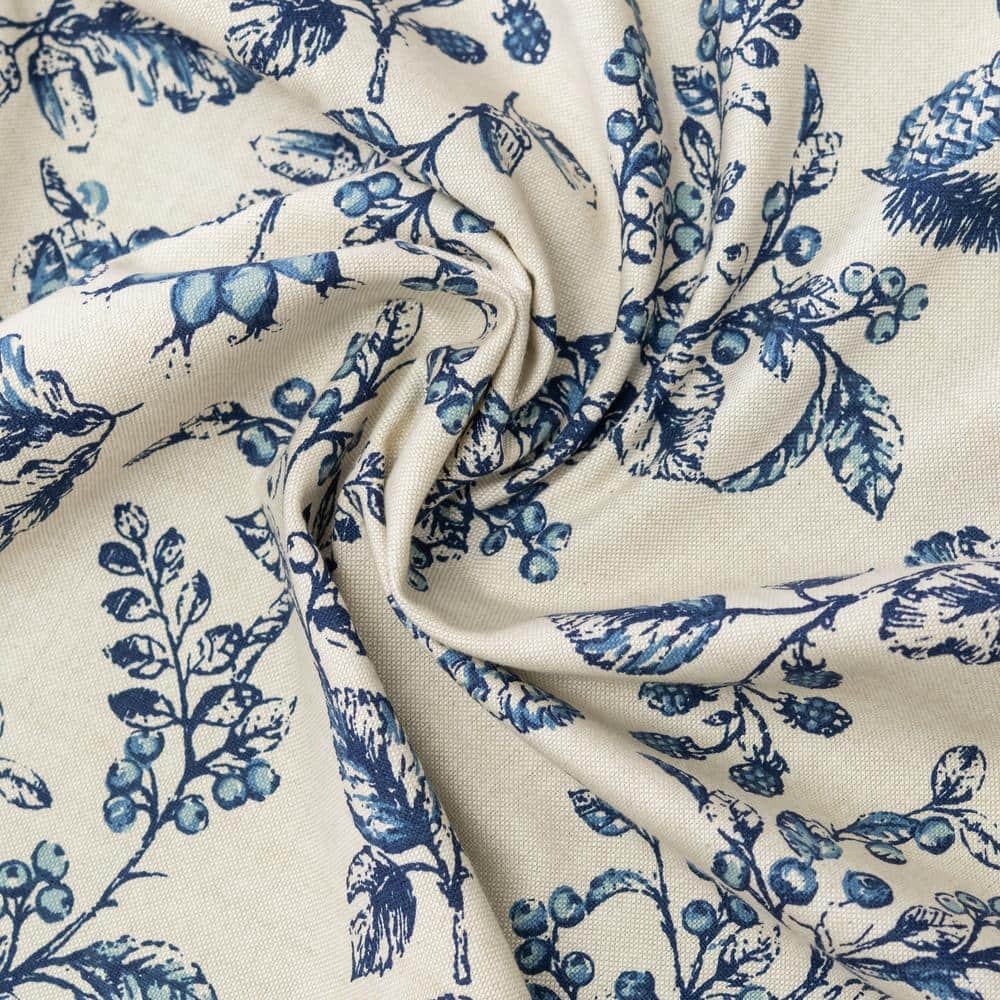 Indigo Floral Cotton Linen Rod Pocket Curtains with Tiebacks