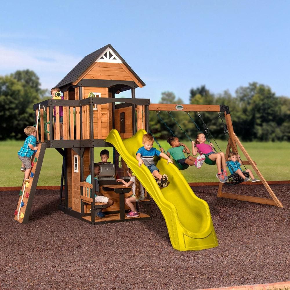 Canyon Creek Outdoor Kids Playground Playset w Rock Wall Fort Swing Yellow Wave Slide and Kitchen-Professional Assmebly price history on PriceWatchPro