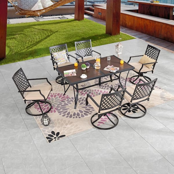 TOP SPACE 7-Piece Outdoor Bistro Set, Swivel Chairs Modern Metal Furniture with Soft White Cushions