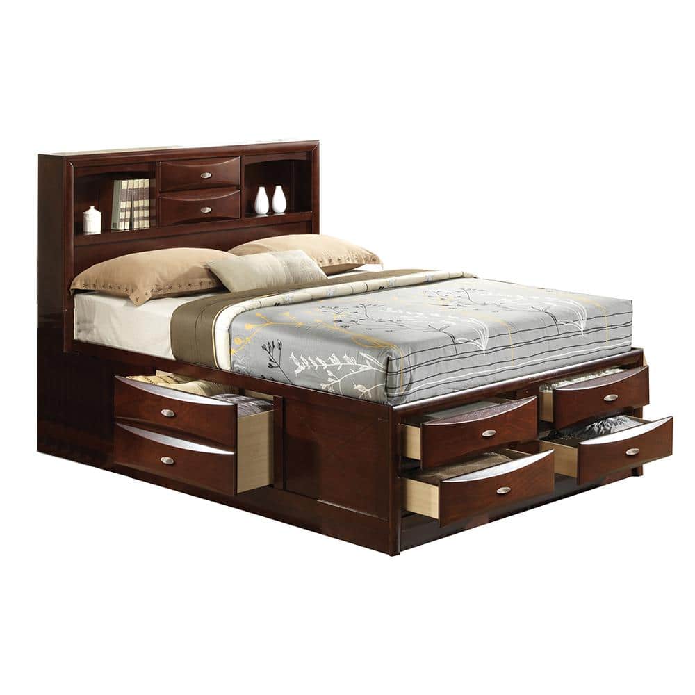 Espresso Queen Wood Storage Bed with Headboard and Drawers