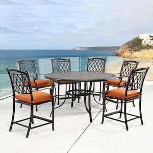 Charcoal Gray Cast Aluminum Curved Backrest Chair Outdoor Dining Bar High Chairs with Orange Cushions (Set of 6)