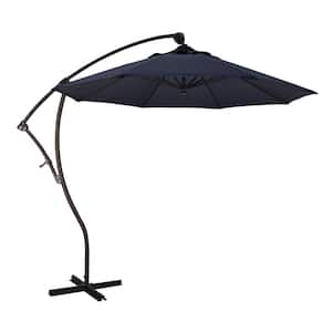 9 ft. Bronze Aluminum Cantilever Patio Umbrella with Crank Open 360 Rotation in Navy Sunbrella