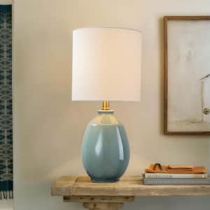 19.75 in. Plug-In Green Ceramic Table Lamp with White Linen Shade for Bedroom/Foyer/Living Room