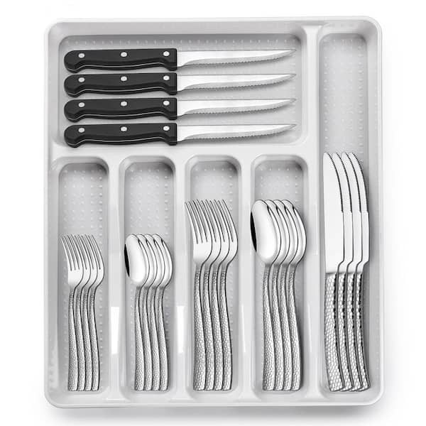 9 in. Full Tang 49-Pcs. Stainless Steel Flatware Set for 8 Mirror Polished Wave Utensils with Steak Knives and Organizer
