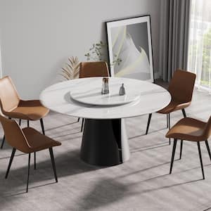 White Stone 59 in. Black Carbon Steel Pedestal Base Round Luxury Revolving Modern Dining Table for Dining Room (Seats 8)
