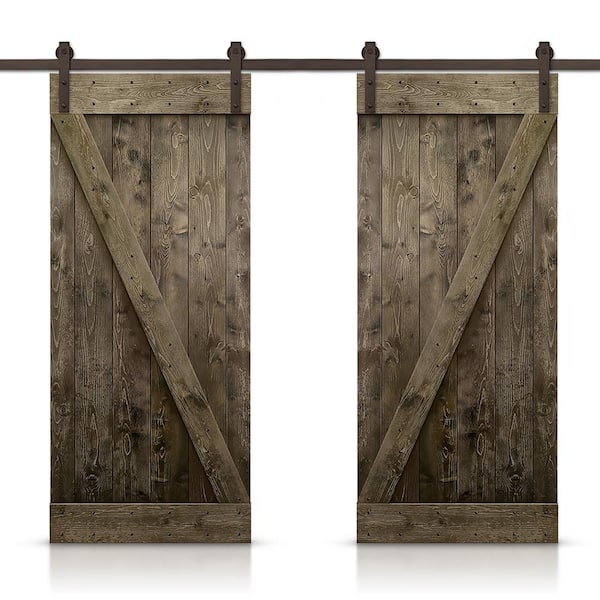 CALHOME Z Series 84 in. x 84 in. Dark Coffee Stained Solid Knotty Pine Wood Interior Double Sliding Barn Door with Hardware Kit