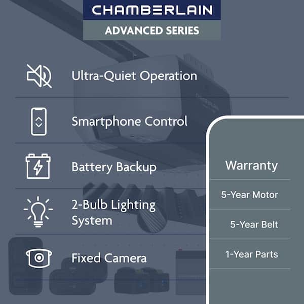 3/4 HP Belt Drive Smart Garage Door Opener with Fixed Camera, Battery Backup, 2-Bulb Lighting, and myQ Connectivity