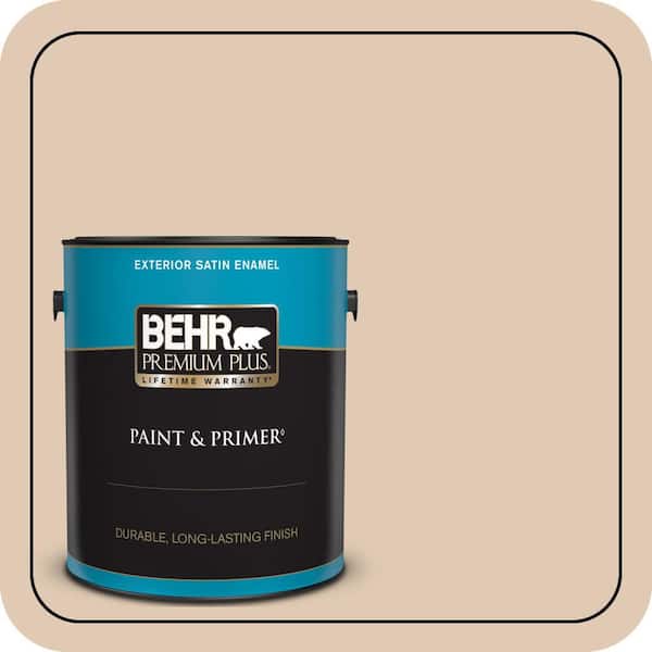 BEHR PREMIUM PLUS 1 gal. #290E-2 Oat Cake Satin Enamel Exterior Paint & Primer