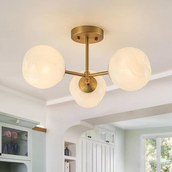 Lucie 19.53 in. 3-Light Modern Gold Sputnik Glass Semi-Flush Mount Ceiling Light