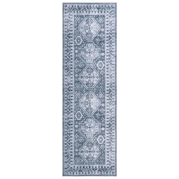 SAFAVIEH Arizona Gray Green/Ivory 3 ft. x 8 ft. Diamond Machine Washable Medallion Runner Rug