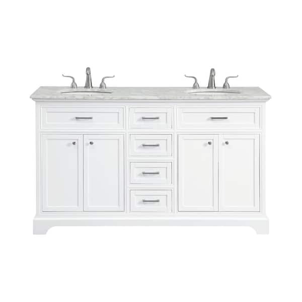 Unbranded 60 in. W x 21.5 in. D x 21.5 in. H Double Bathroom Vanity in White with White Marble Vanity Top and White Basin