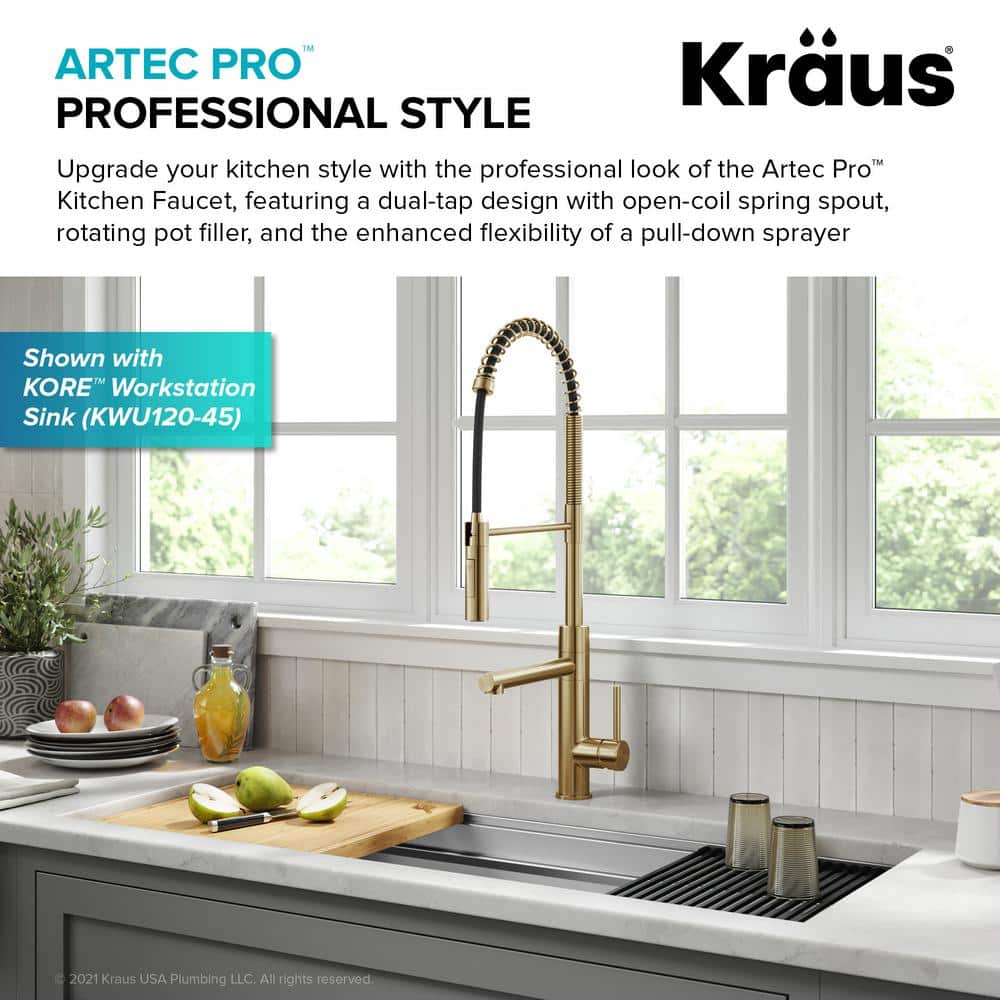 Brushed Brass Commercial Style Pull-Down Kitchen Faucet with Pot Filler