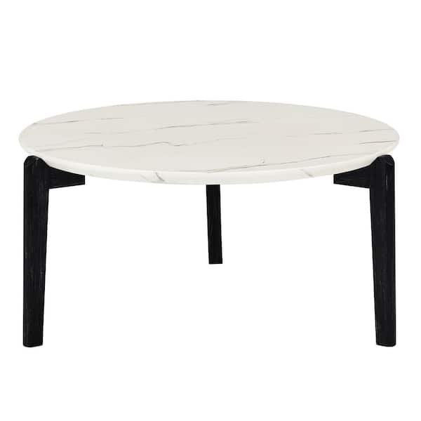 Tenleaf 36 in. Black and White Solid Wood Round Outdoor Coffee Table with Imitation Marble Tabletop