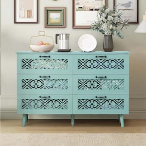 Blue 6-Drawer 47.3 in. Wide Dresser with Metal Handles, Modern Wood Storage Chest of Drawer with Hollow Carving Design