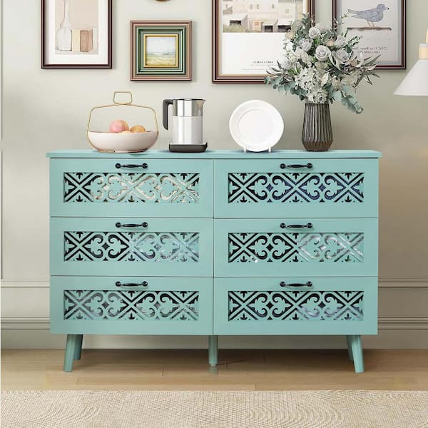 Unbranded Blue 6-Drawer 47.3 in. Wide Dresser with Metal Handles, Modern Wood Storage Chest of Drawer with Hollow Carving Design
