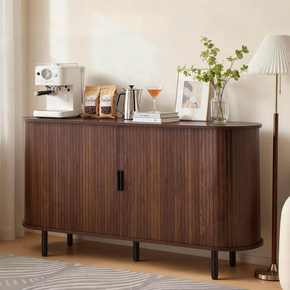 Coffee Bar Cabinet, Mid Century Fluted Coffee Bar Table, Buffet Stand Cabinet, 55.1 x 15.7 x 29.5 in., Walnut price history on PriceWatchPro