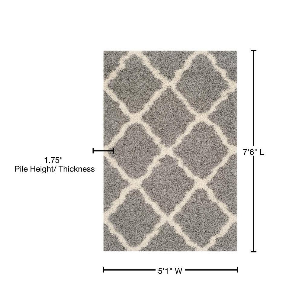 Ivory and Grey Geometric Shag Rug, Synthetic 5'1" x 7'6"