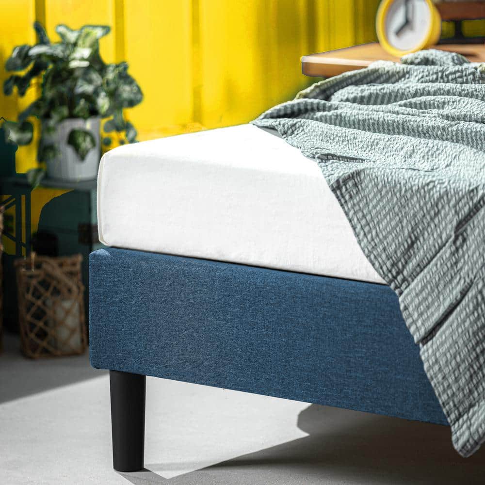Navy Upholstered Full Platform Bed with Steel Frame and Wood Slats