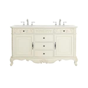 Winslow 60 in. W x 22 in. D Vanity in Antique White with Marble Vanity Top in White with White Sinks