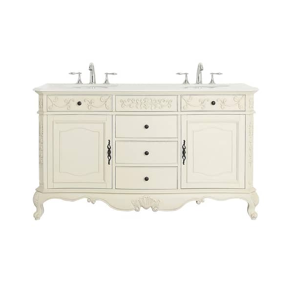 Home Decorators Collection Winslow 60 in. W x 22 in. D Vanity in Antique White with Marble Vanity Top in White with White Sinks