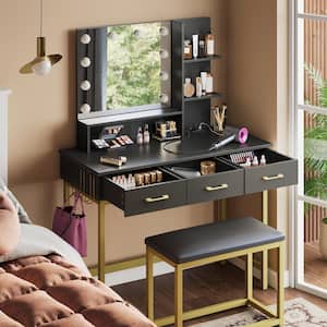 3-Drawers Black Wood LED Light Makeup Vanity Sets with Hooks and Bulid-in Outlets