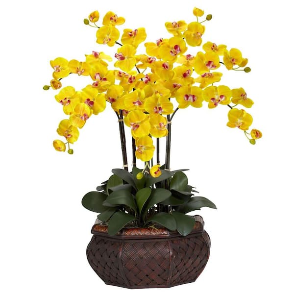 Nearly Natural 30 in. Artificial H Yellow Large Phalaenopsis Silk Flower Arrangement