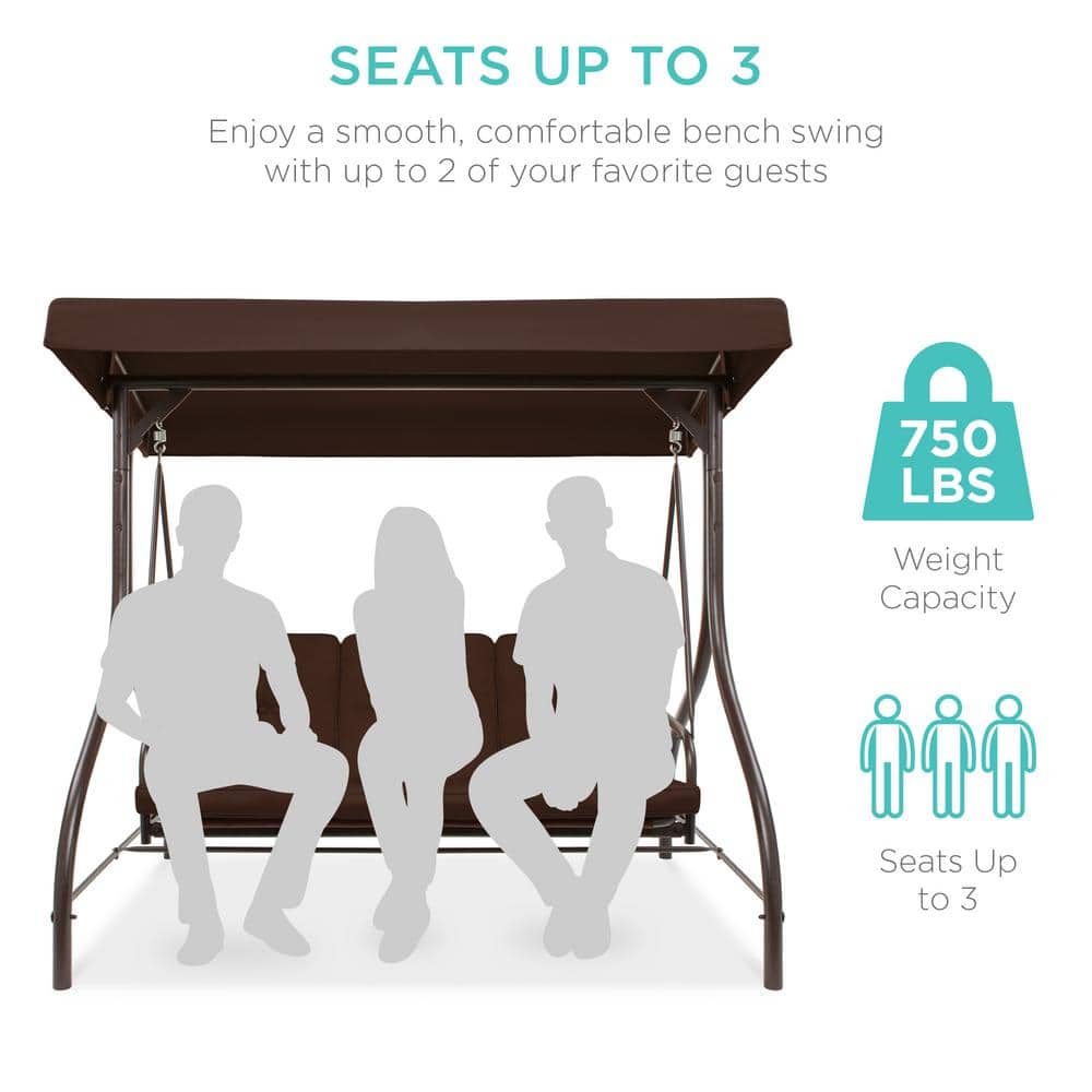 Brown 3-Seat Outdoor Canopy Swing Glider with Cushions