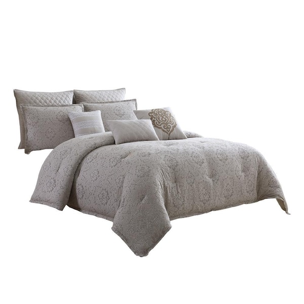Benjara 10-Piece Gray Floral Cotton King Comforter Set