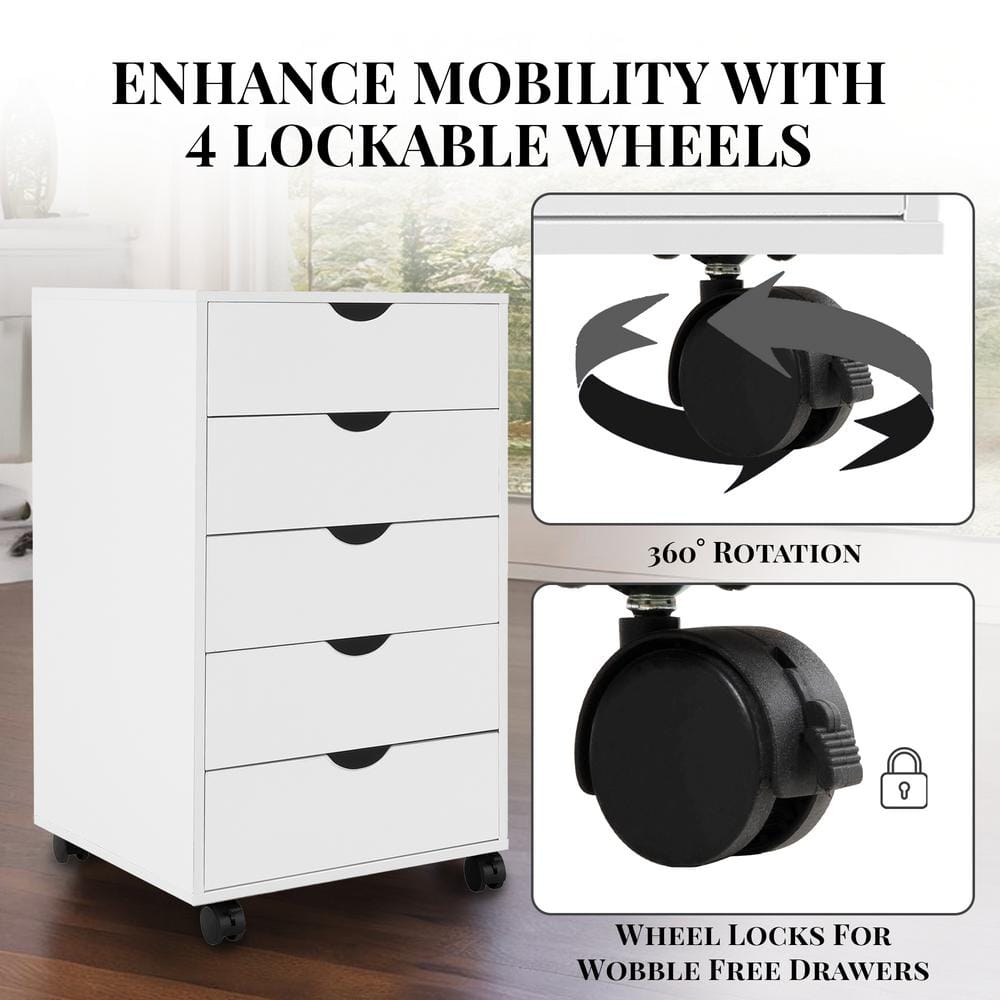 White Mobile 5-Drawer Vertical Wood Storage Cabinet
