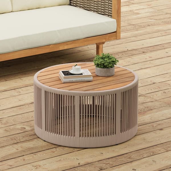 26 in. Beige Rope and Acacia Wood Round Outdoor Patio Coffee Table with Iron Frame