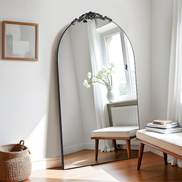 Dovelina 39 in.W x 67 in.H Arch Mirror Black Removable Carved Design Wood Framed Mirror Full Length Mirror Oversized Floor Mirror