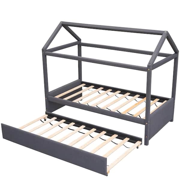 Angel Sar Gray Kids Twin Size Upholstered House Wood Paltform Bed with Twin Size Trundle