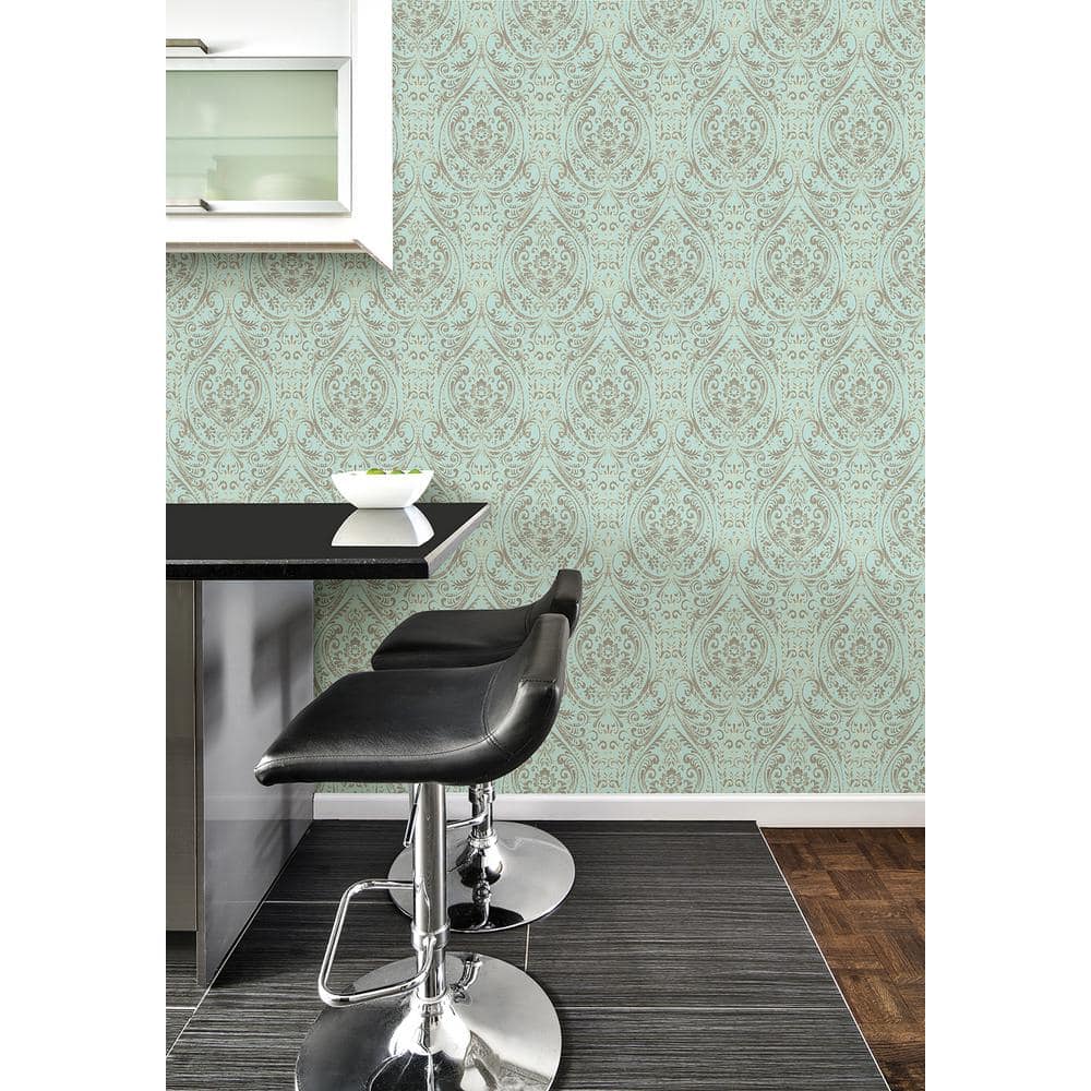 Turquoise Blue Damask Peel & Stick Wallpaper, 20.5" x 18'