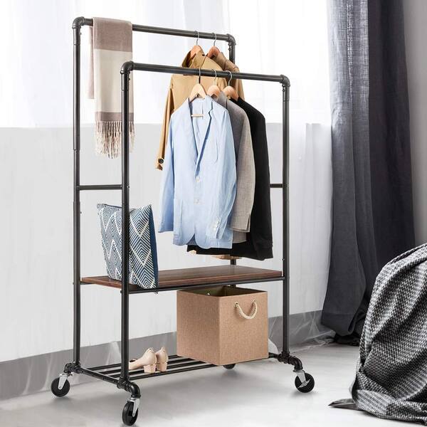 Black Steel Garment Clothes Rack Double Rods 31.5 in. W x 62.6 in. H